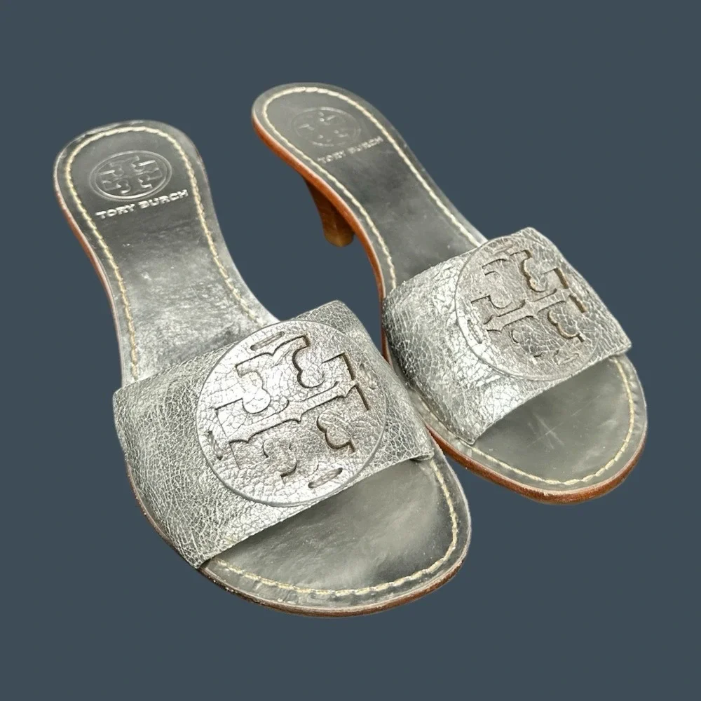 Tory Burch Miller Sandals Womens 6.5M Metallic Silver Open Toe Wooden KittenHeel
